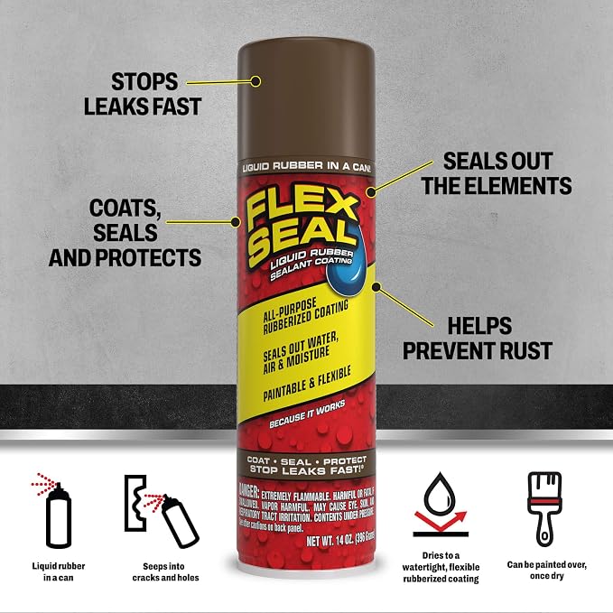 Flex Seal, 14 oz, 2-Pack, Brown, Stop Leaks Instantly, Waterproof Rubber Spray On Sealant Coating, Perfect for Gutters, Wood, RV, Campers, Roof Repair, Skylights, Windows, and More