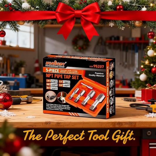 HORUSDY 5-Piece NPT Pipe Tap Kit with Heavy-Duty Storage Case, Premium Carbon Steel Threading Tools, 1/8"–3/4" Tapered Pipe Taps for Fast, Clean & Reliable Plumbing Repairs