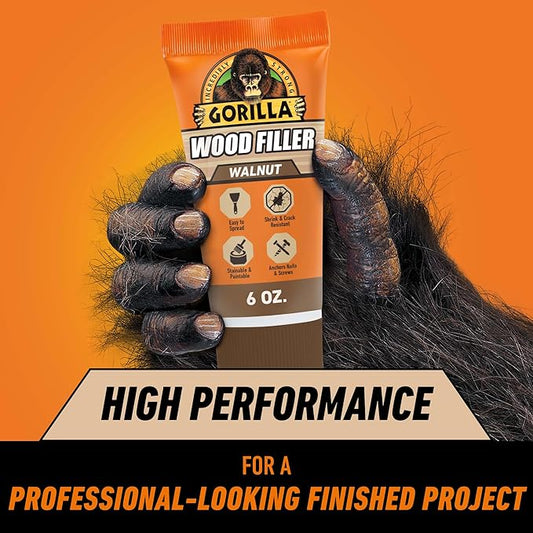 Gorilla All Purpose Wood Filler, Walnut Color, 6 Ounce Tube (Pack of 1) - Water Resistant for Indoor or Outdoor Projects and Repairs