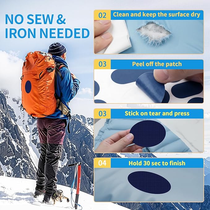 Waterproof Nylon Fabric Repair Tape Tent Repair Kit, 4pcs Outdoor Gear Tenacious Fix Tape, Self-Adhesive Fabric Patches for Clothes, Down Puffer Jacket, Tent, Sleeping Bag, Backpack, NavyBlue