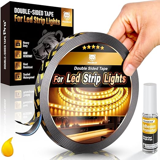 PHIXBEAR Heavy Duty Double Sided Tape for Led Strip Lights, Automotive Trim, Garage, Home Decor, Indoor & Outdoor, 20Ft x 1/4" Heat Resistant Waterproof Adhesive Mounting Tape