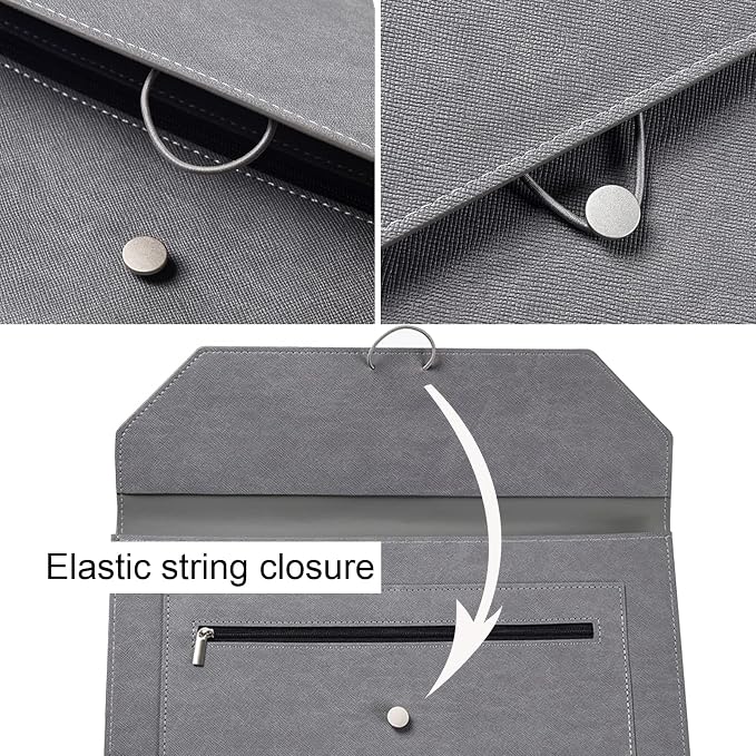 PU Leather A4 File Folder Document Holder 2 Pockets Portfolio Envelope Folder Case with Elastic String 3/4 Inch Expansion (Gray)