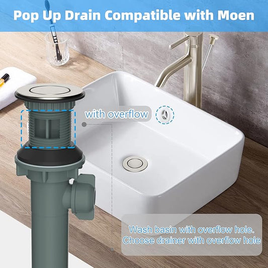 Hibbent 2 Pack Bathroom Sink Drain with Lift Rod, Lavatory Universal Pop Up Drain Stopper with Overflow for Bathroom Vanity Vessel Sink, Compatible with Moen, American Standard Hole, Brushed Nickel