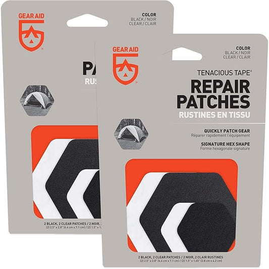 GEAR AID Tenacious Tape Hex – 2.5” & 1.5” Repair Patches (8 Patches: Four 2.5” & Four 1.5”, Clear/Black) – Peel-and-Stick Outdoor Nylon Fabric Patches for Down Jackets, Rain Gear & Tents