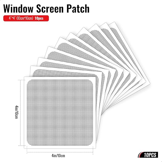 Matenf Window Screen Repair Patch, 10 Patches, 4"x 4"(10cm x 10cm), Black, 3-Layer Strong Adhesive Window Screen Mesh Tape, Repair Kit for Window and Door Screen Tears Holes