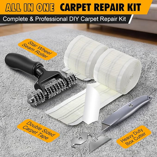 Dreyoo Upgraded Carpet Repair Kit with 5" Star Wheel Seam Roller, 4" x 60ft Carpet Seam Tape & Heavy Duty PVC Pipe Cutter, Heatless Carpets Patching Tools for DIY Home/Office Floor Maintenance