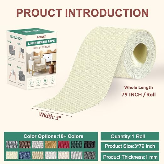 BESEZX Linen Fabric Repair Tape, 3x79 Inch Self Adhesive Repair Patches, Couch Fabric Tape for Furniture, Sofa, Chair, Upholstery.(Off White)