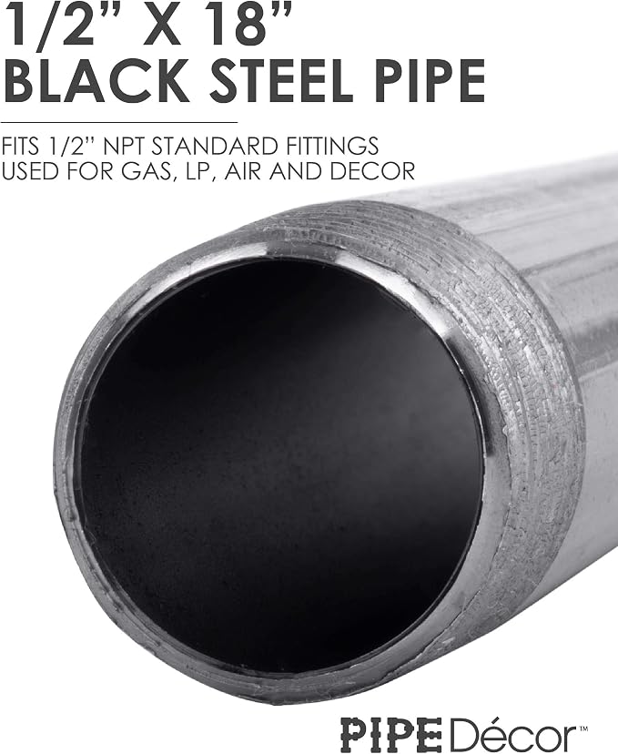 PIPE DÉCOR 1/2” x 18” Malleable Cast Iron Pipe, Pre Cut Connectors, Industrial Steel Grey Fits Standard Half Inch Black Threaded Pipes Nipples and Fittings, Build Vintage DIY Furniture, 6 Pack