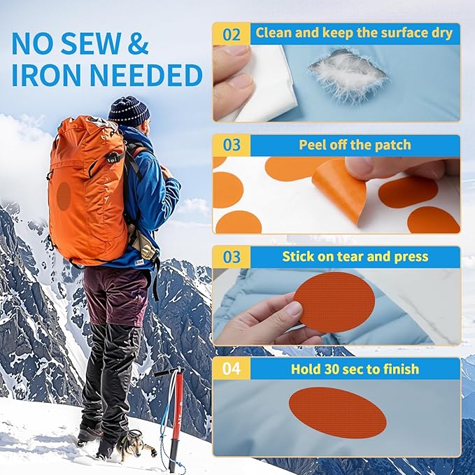 Waterproof Self-Adhesive Nylon Patches for Tent Repair Kit, 24pcs Outdoor Gear Tenacious Repair Tape, Fabric Patches for Clothes, Down Puffer Jacket, Tent, Sleeping Bag, Backpack, Orange