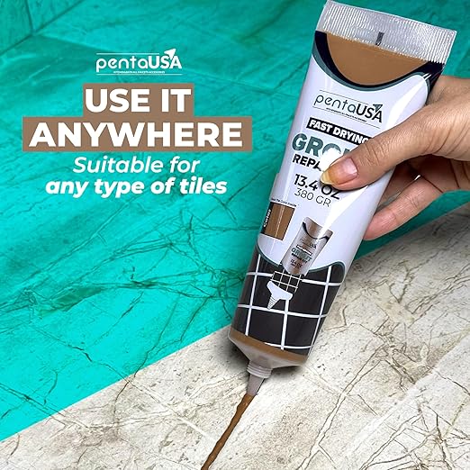 PentaUSA Tile Grout Repair Kit - Beige Brown Premixed Acrylic Sanded Grout, Water-Resistant Grout Filler for Bathroom&Shower, Kitchen Floor, Fast Drying, with Applicator, 13.4 oz (380g)