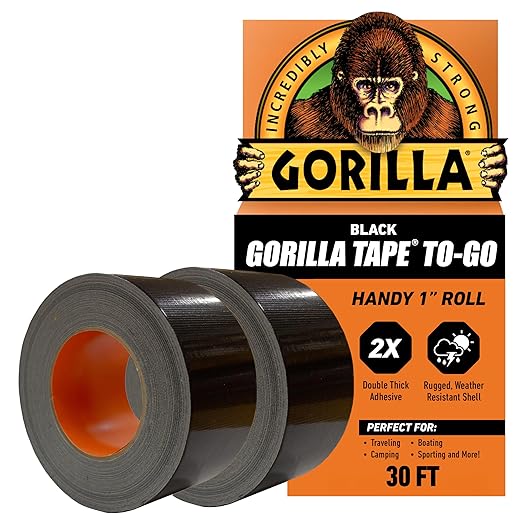 Gorilla Tape, Mini Duct Tape to-Go, 1" x 10 yd Travel Size, Black, (Pack of 2)