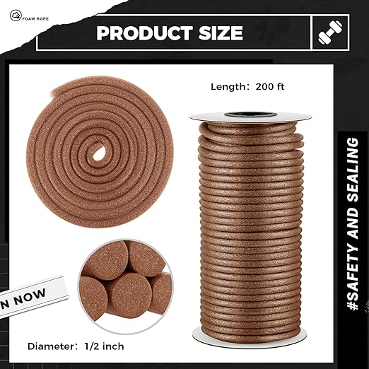 MotiMind 1/2 Inch x 200 ft Foam Backer Rod for Gaps Joints Concrete Crack Filler Caulk Saver Bulk Foam Backing Rod Concrete Filler Rope for Weather Stripping Door Seal (Brown)