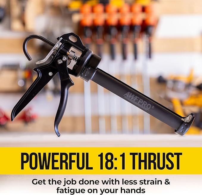 AWF PRO Heavy Duty Caulk Gun, 18:1 Thrust Ratio, Steel Frame Construction, Rotating Barrel, Ladder Hook, Puncture Tool & No Drip Pressure Release Tab, 29 oz Caulking Gun, Pack of 6