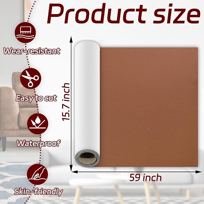 1Pcs Leather Repair Patch, Chestnut Self Adhesive Leather Repair Patch Kit 15.7x59 Inch, Large Vinyl Leather Repair Tape for Furniture, Car Seat, Couch, Sofa, Chair, Boat Seat