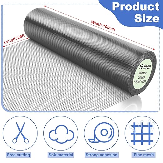 CroBlissful Extra Wide 10 Inch x 20 ft Window Screen Tape Mesh Repair Strong Adhesive Waterproof Fiberglass Screen Repair Kit Patch for Window Door Tears Holes(Gray)