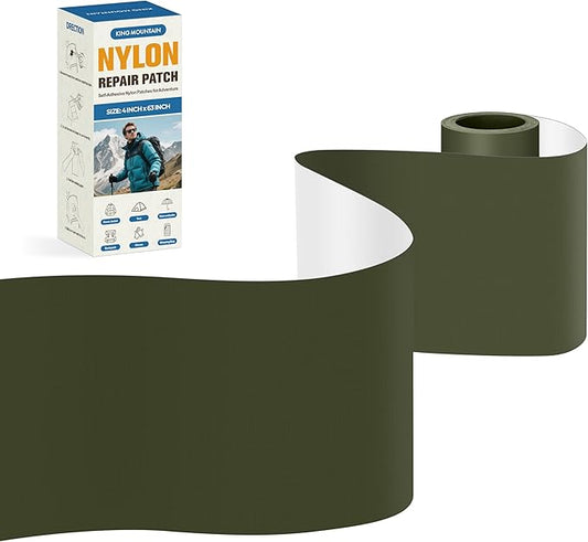 KING MOUNTAIN Self Adhesive Nylon Fabric Repair Tape, 4×63 Inches, Quick Down Jacket Repair Patch, Waterproof Outdoor Gear Patch Kit for Tent,Backpacks,Umbrella, Gloves, Sleeping Bag (Army Green)