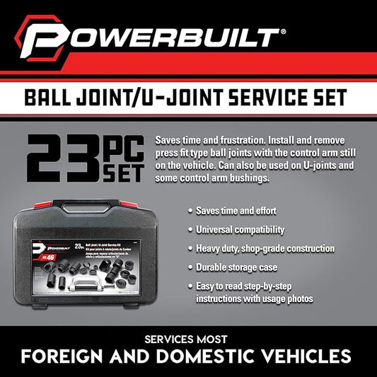 Powerbuilt Ball and U Joint Service Set, 23 Piece Tool Kit, Remove and Install Ball Joints, Receiving Tube, Adapters, Sockets - 648617