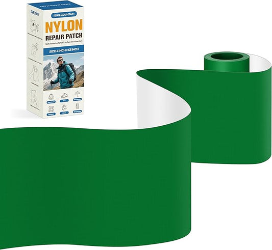 KING MOUNTAIN Self Adhesive Nylon Fabric Repair Tape, 4×63 Inches, Quick Down Jacket Repair Patch, Waterproof Outdoor Gear Patch Kit for Tent,Backpacks,Umbrella, Gloves, Sleeping Bag (Grass Green)