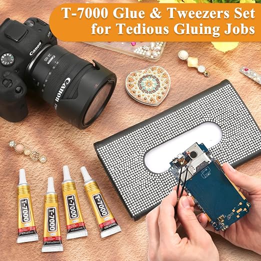 T-7000 Black Glue Adhesive, 4 x 15ML T7000 Adhesive Glue with Tweezers Precision Repairs Glue for Cell Phone Screen Electronics DIY Jewelry Making Crafts