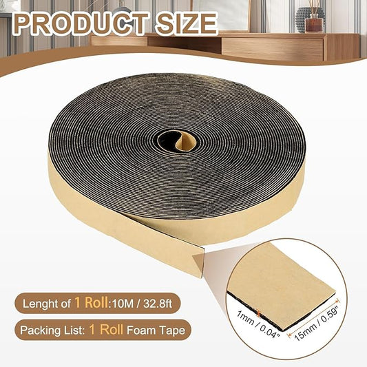 PATIKIL Foam Insulation Tape, 5/8" W x 1/16" t x 32.8FT Self Adhesive Weather Stripping Door Seal Strip for Door Window Air Conditioning, Black