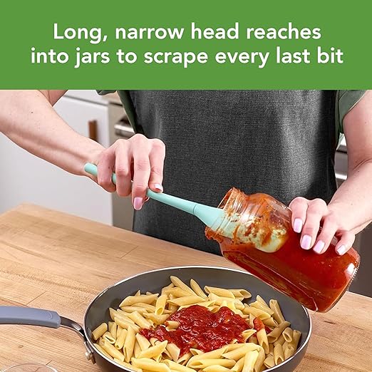 Tovolo Silicone Jar Spatula Long Handled Rubber Scraping Scooping Tool for Peanut Butter Jam Jelly Jars Blenders, Extra Long Flex Core Silicone Jar Scraper Dishwasher Safe BPA Free, Aqua Seafoam Green