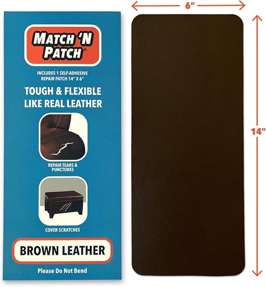 MATCH 'N PATCH Brown Leather Repair Tape, 6" x 14" for Furniture | Realistic Faux Leather Patches for Couch, Sofa, Upholstery, Car Seat & Other Furniture, Vinyl Repair Kit, Self Adhesive Patch