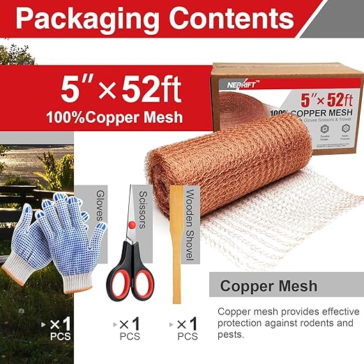 5 Inch×52 ft Copper Mesh Rodent Control, 100% Pure Copper Rustproof Bat Snail Barrier & Sealing Wire for Home, Foundation Gaps, Vent Covers, Gardening with Scissors, Gloves, Trowel