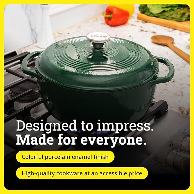 Lodge Essential Enamel Cast Iron Dutch Oven 6 Quarts - Perfect for Bread Baking, Braising, Marinating & Slow Cooking, Features Moisture-Sealing Lid & Dual Handles, Kitchen Essentials, Evergreen