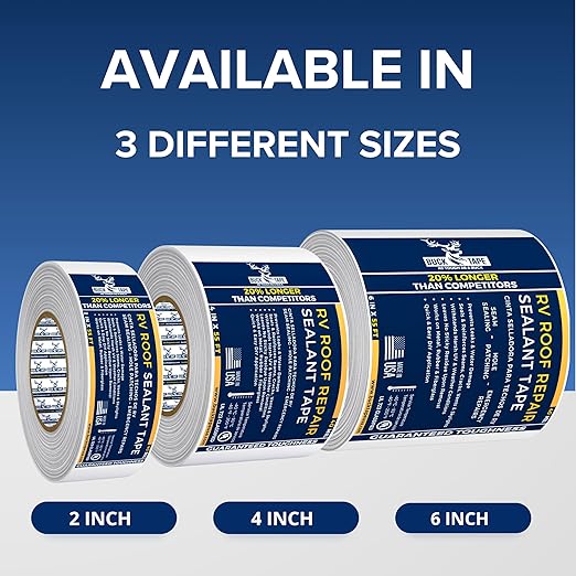 4 Pack Buck RV Roof Sealant Tape – 3 Inch x 55ft, 40 Mil – Waterproof RV Tape for Roof Repair, Seams, Skylights, Vents & Window Leaks on Camper, Trailer & Boat, UV Resistant & Weatherproof, White