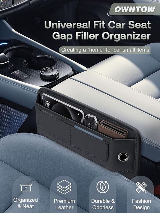 Universal Fit Premium Leather Car Seat Gap Filler Organizer, Center Console Organizer with Card Slots, Clever Gifts for Car SUV Truck Owners (Black, 1 Pack)