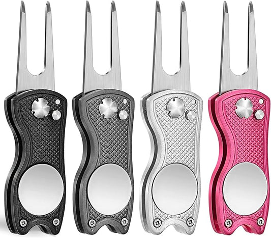 Mile High Life Golf Divot Repair Tool, All Metal Foldable Divot Tool with Pop-up Button & Magnetic Ball Marker, 2-6 Pack