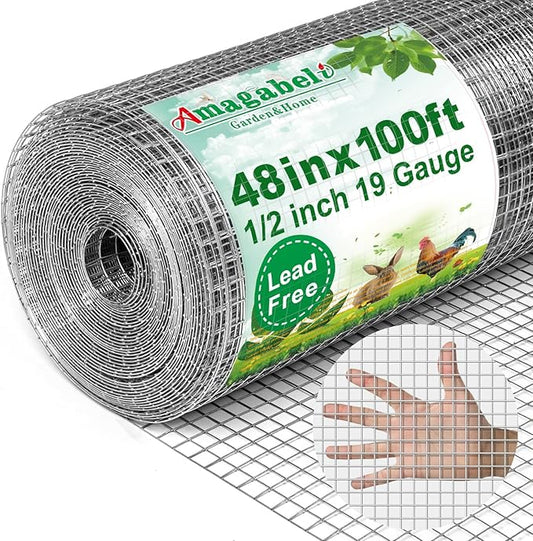 AMAGABELI GARDEN & HOME Hardware Cloth 1/2 Inch 48inch x 100ft 19 Gauge Chicken Wire Fence Weld Wire Fence Mesh Roll Garden Fencing Border Plant Support Poultry Netting Snake Fence Gopher Wire