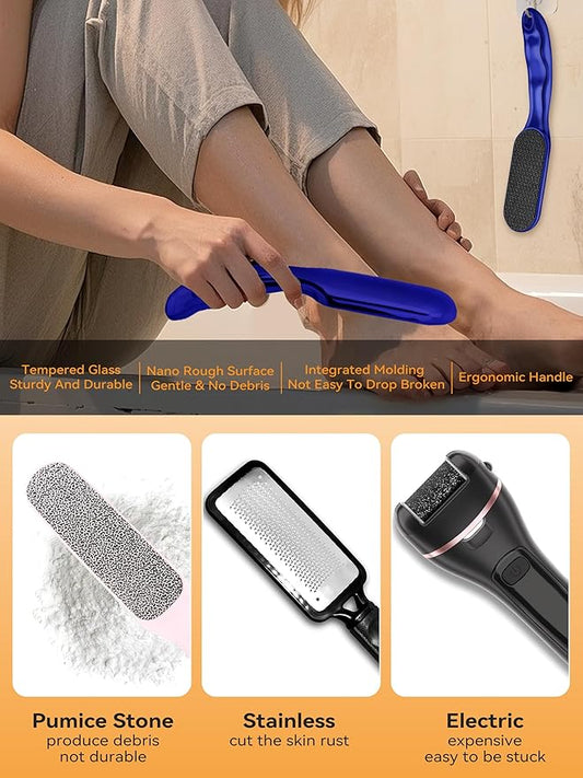 Nano Glass Foot File Professional Foot Scraper Dead Skin Rasp, Wet Dry Foot Callus Remover, Pedicure Tools for Feet Exfoliator, Anti-Slip Handle Rope & Storage Bag Gift for Women Blue