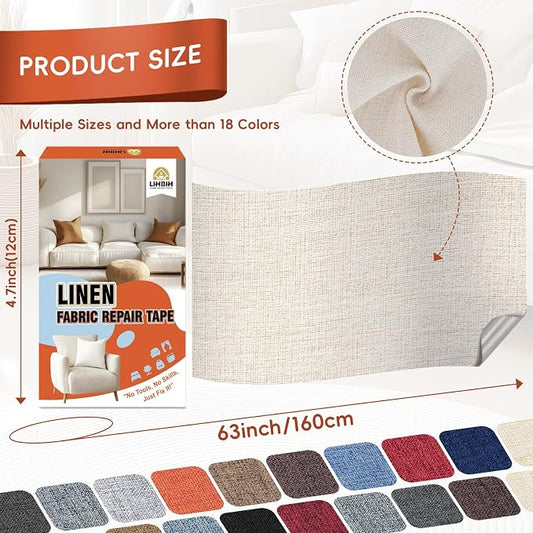 Linen Fabric Repair Tape 4.7x63 Inch, Self Adhesive Couch Patch Repair Fabric Tape for Furniture, Linen Patch Kit for Couch, Carpet, Upholstery, Chair, Sofa, Cushion, Bag (Beige)