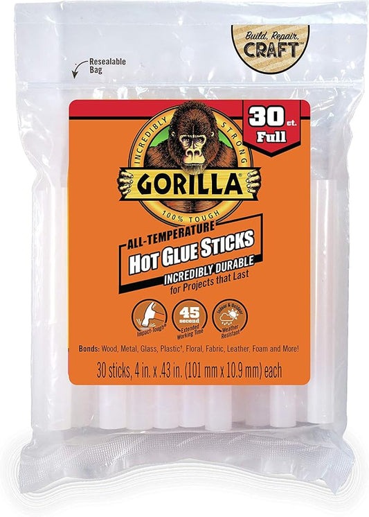 Gorilla Hot Glue Sticks, Full Size, 4" Long x .43" Diameter, 30 Count, Clear, Bonds: Wood, Metal, Glass, Plastic, Floral, Fabric, Leather, Foam, and More (Pack of 1 with 30 Glue Sticks)