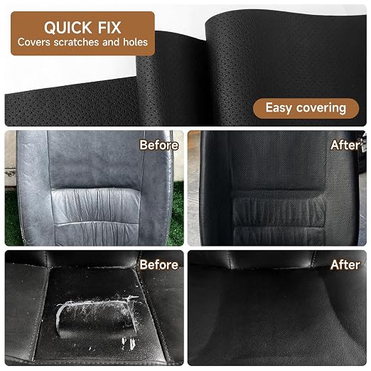 Self Adhesive Leather Repair Patch Tape Kit, Perforated Leather Repair for Furniture Couch Sofa Car Seats Office Chair, Vinyl Repair Kit (Black, 15.7x59 inch)