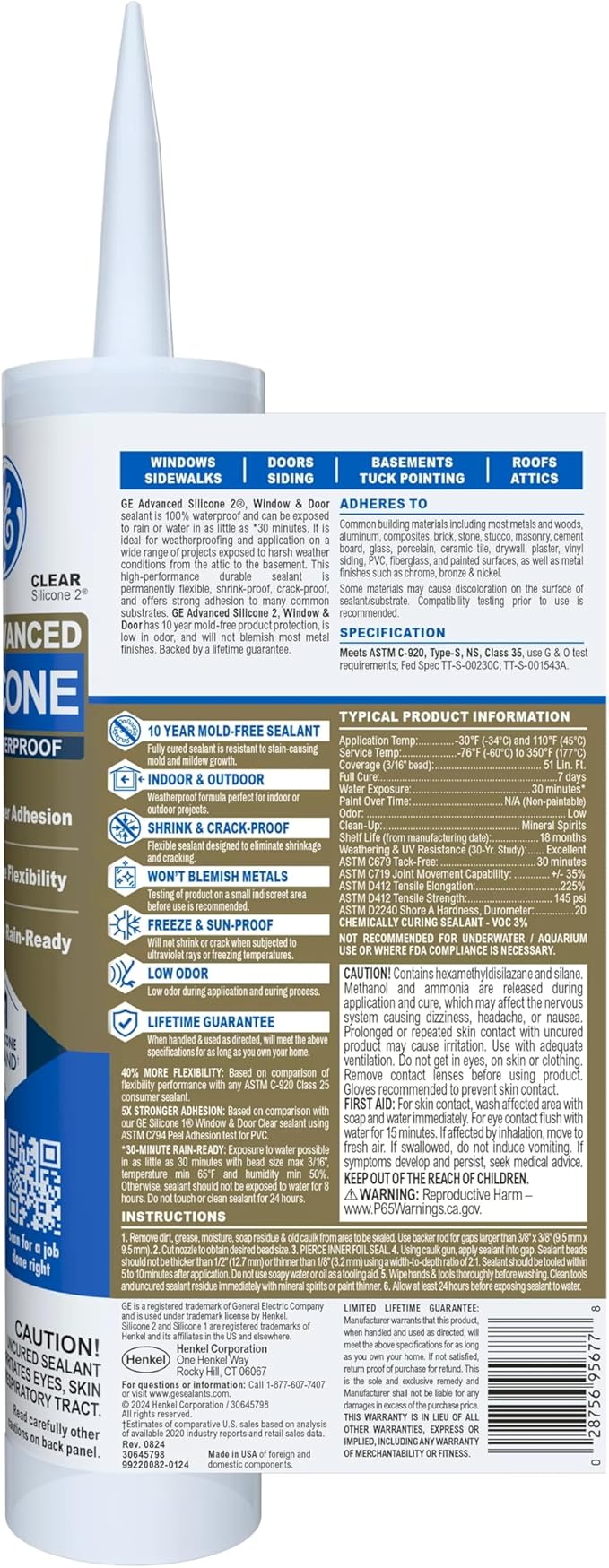 GE Advanced Silicone Caulk for Window & Door, Clear, 10 fl oz Cartridge, 12 Pack - 100% Waterproof Silicone Sealant, 5X Stronger Adhesion, Shrink & Crack Proof