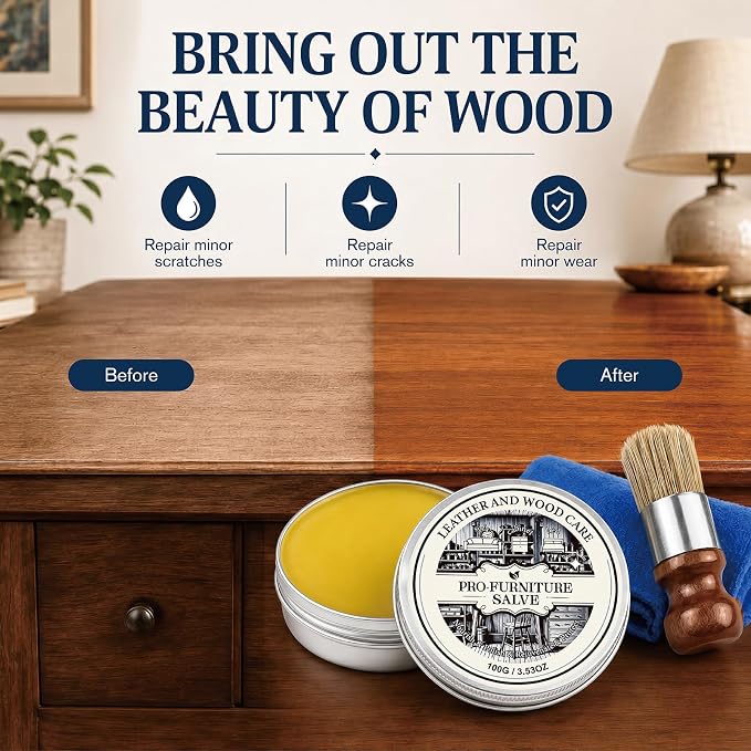 Wood Repair & Furniture Salve - Leather Furniture Salve & Brush Set, Leather Couch Conditioner for Wood & Leather Conditioner, with Furniture Wax, Prevents Cracking & Fading