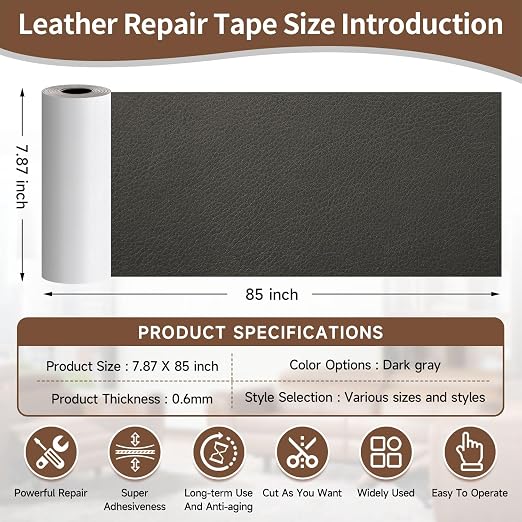 Leather Repair Tape, Heavy Duty Vinyl Repair Patch, Waterproof Self Adhesive Leather Repair Kit for Fixing Holes & Scratches on Couch, Car Seat, Furniture (Dark Grey, 7.87x 85in)