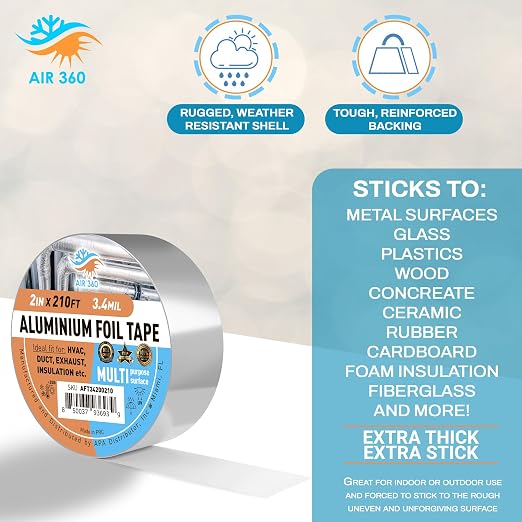 Air 360 Aluminum Foil Tape 2 Inch x 210 FT - HVAC Foil Tape for Ductwork, Dryer Vent, AC & Pipe Insulation - Heavy Duty High Temp Heat Resistant Metal Duct Tape, Waterproof Aluminum HVAC Tape