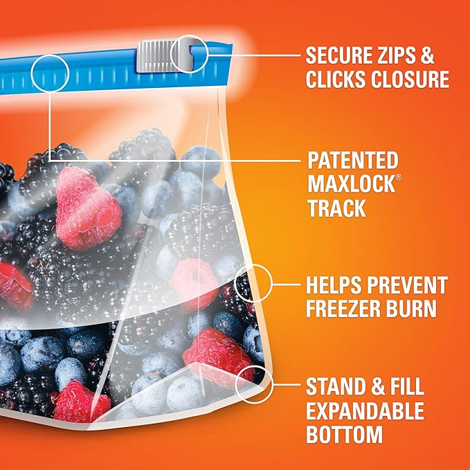 Hefty Slider 1 Gallon Freezer Bags, 56 Count, Gallon Slider Bags for Freezer, Holds Raw Meat, Soups, Prepped Fruits and Veggies, and More, Writable Label, Secure Zip and Click Closure