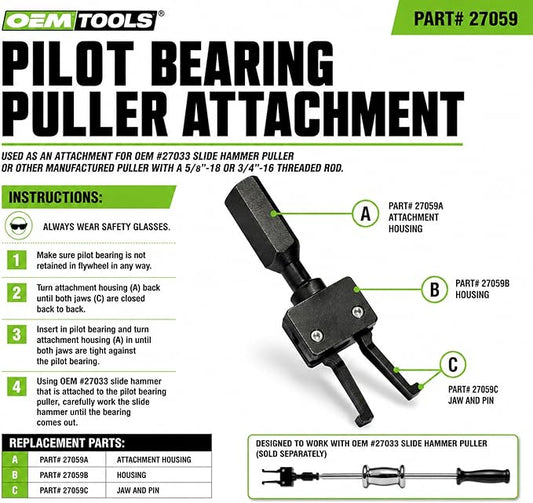 OEMTOOLS 27059 Pilot Bearing Puller Attachment For Slide Hammer, 2-Jaw Puller Pilot Bearing Removal Tool, Fits 5/8 x 18, 3/4 x 16 Thread Rods, Slide Hammer Extension Compatible With OEMTOOLS 27033