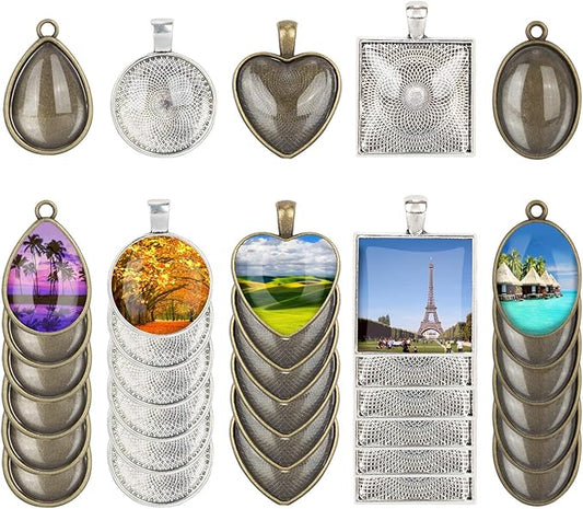 60 Pieces 5 Styles Pendant Trays 30pcs Round & Square & Heart & Teardrop & Oval and 30pcs Bright Glass Cabochon Dome Tiles for Crafting DIY Jewelry Gift Making