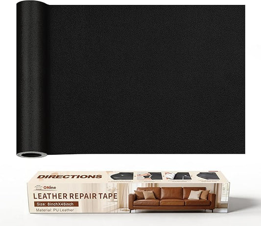 ONine Leather Repair Patch，Leather Repair Tape, 8 x 48 inches Leather Repair Patch for Furniture,Vinyl Repair kit，Leather Couch Patch，for Sofas, Furniture, car Seats(Black-Fine Grain)