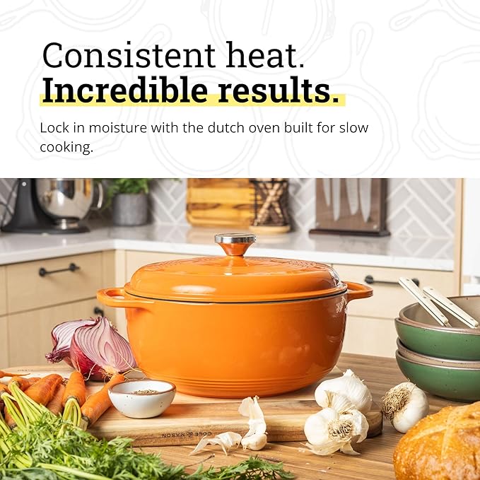 Lodge Essential Enamel Cast Iron Dutch Oven 6 Quarts - Perfect for Bread Baking, Braising, Marinating & Slow Cooking, Features Moisture-Sealing Lid & Dual Handles, Kitchen Essentials, Pumpkin