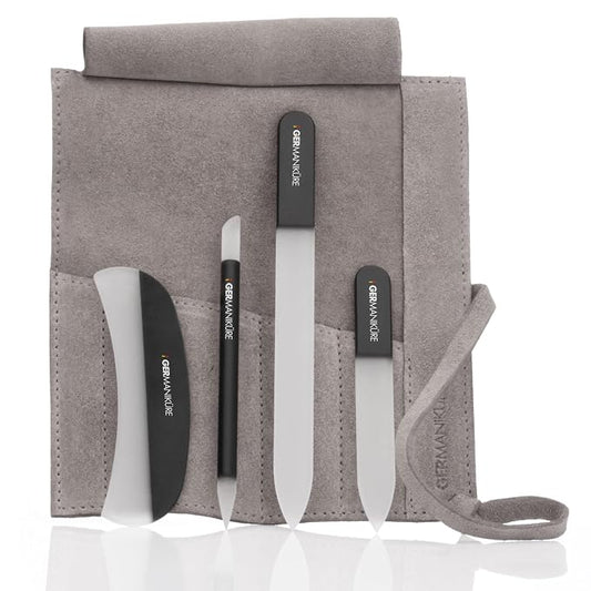 GERMANIKURE Black Crystal Glass Nail File Set in Beige Suede Case – Handmade in Czech Republic – Professional Manicure & Pedicure Supplies – Glass Cuticle Stick, Pusher, Moon File