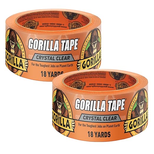 Gorilla Crystal Clear Tape, 1.88” x 18 yd (Pack of 2) - Weather Resistant for Indoor or Outdoor Projects and Repairs