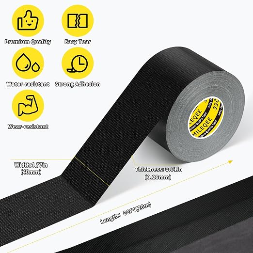Duct Tape Heavy Duty Single Sided, Strong Adhesive High Strength, Waterproof Mesh Tape for Indoor and Outdoor Repairing Sealing Bonding, Easy Use Hand Tearable, 1.57 Inch x 66 Feet, Black