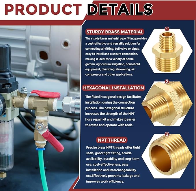 Pack of 5, 3/4" MNPT To 1/2" MNPT Solid Brass Hex Nipple Hose Connectors W/Sealing Tapes, Male Pipe Adapter for Pipe Leak Repair, Bathroom Remodeling, Tool Extension, Compression