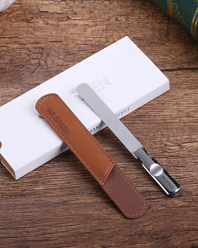 Nail File,Professional Double Sided Stainless Steel Nail File with Non-Slip Handle and Leather Case,Double Sided and Files Nails Easily for Men and Woman